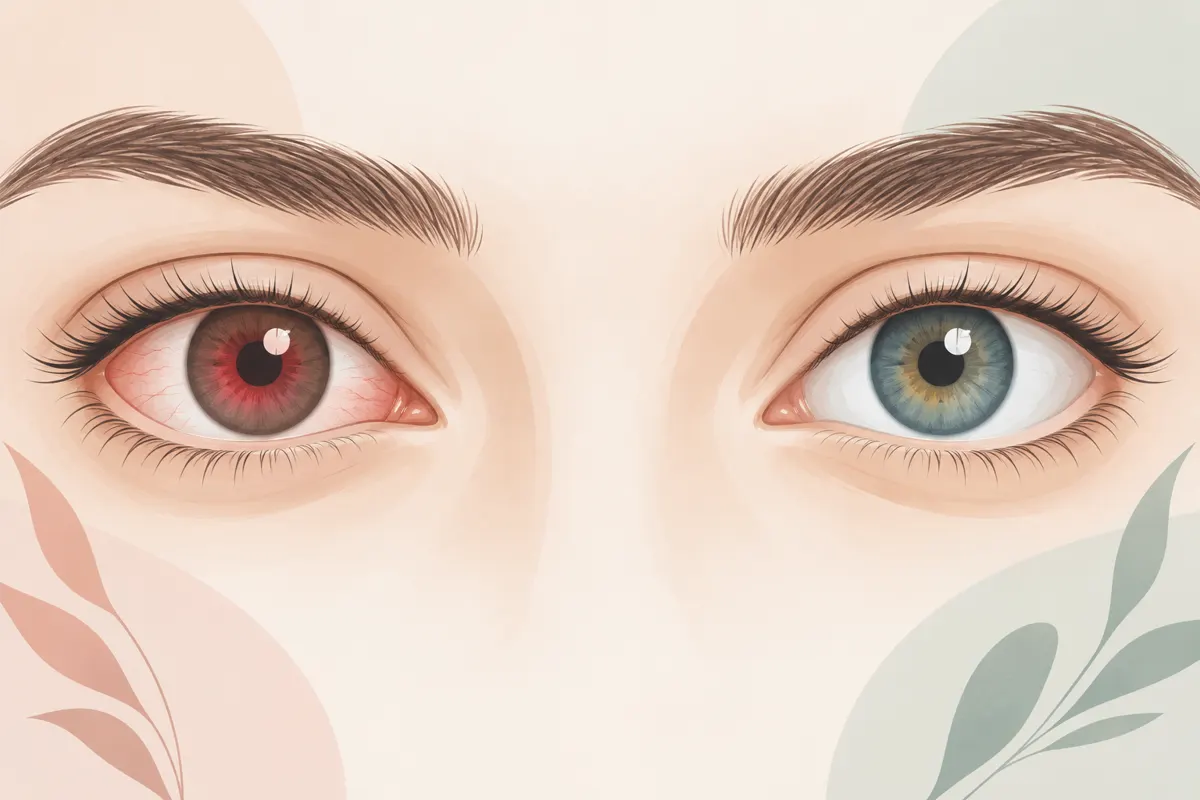 Ilustracja czerwonej źrenicy i naturalnego wyglądu oka po korekcji