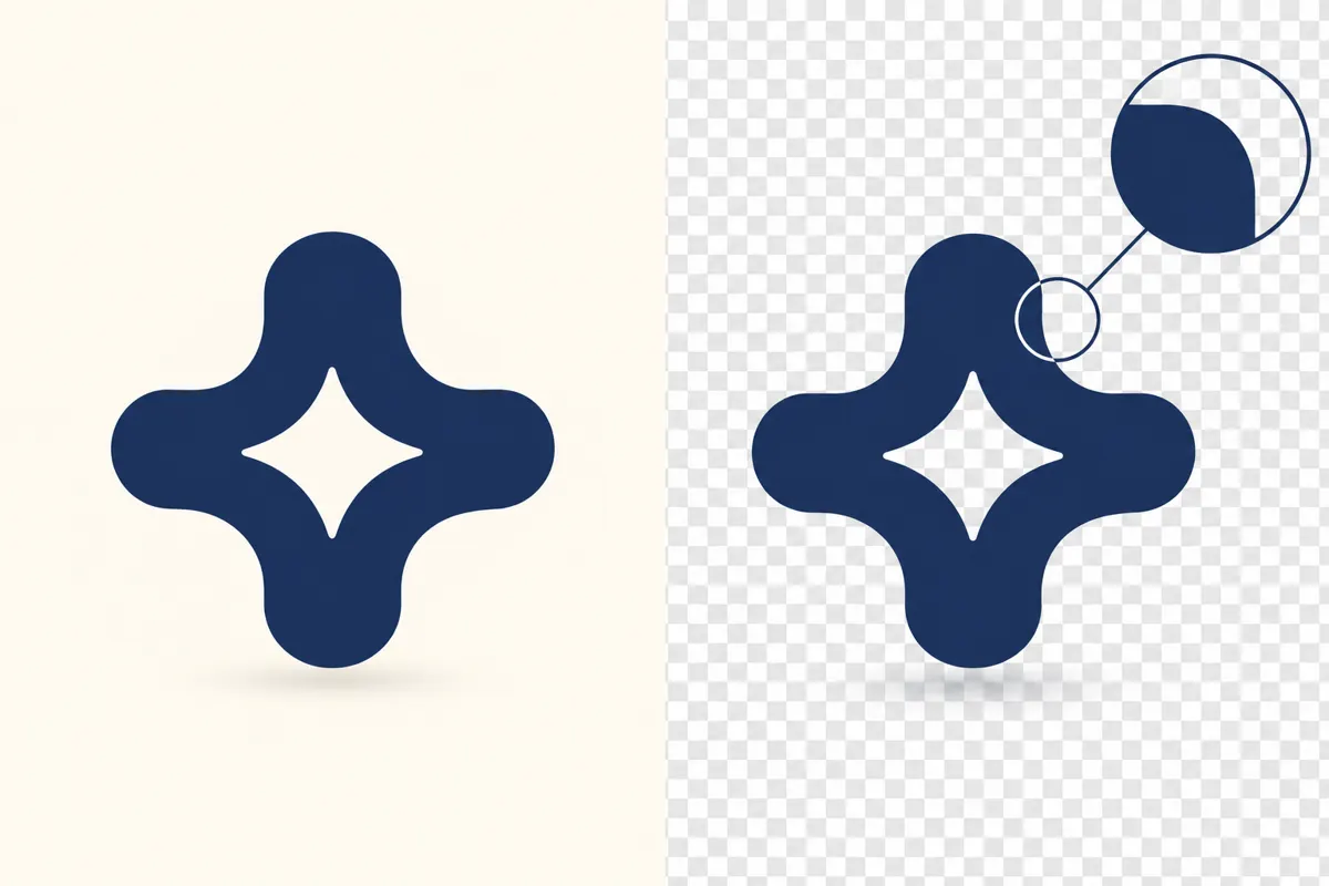 Granatowe logo na kremowym tle oraz po usunięciu tła, z widoczną przezroczystością i powiększeniem krawędzi