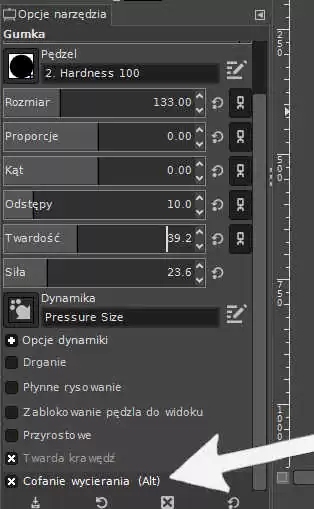 Modyfikacja opcji gumki – m. in. cofanie wycierania, twarda krawędź i parametry – siła, twardość