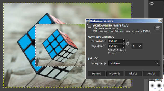 Jak powiększyć wklejony obraz na nowej warstwie w Gimp?- poprzez jej przeskalowanie