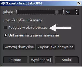 Opcje eksportowania pliku – kluczowy jest dobór jakości zapisu, w tym przypadku do jpeg