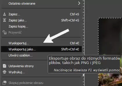 Jak w Gimpzapisać obraz w jpg? - najpierw wybierz opcję eksportowania