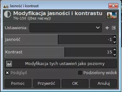 Modyfikacja jasności i kontrastu - okno z wyborem opcji