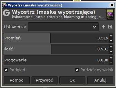 Poprawa ostrości zdjęcia – ustawione opcje w filtrze