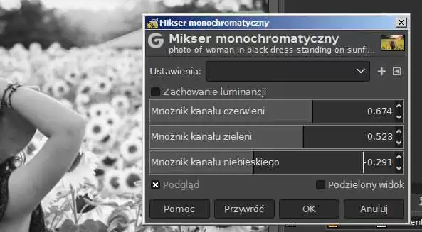 Aby pozbawić grafikę kolorów można użyć na przykład – miksera monochromatycznego – ustawienie opcji