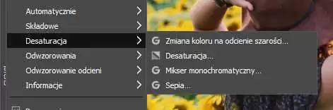 Ustawienie odcieni szarości w Gimp – narzędzie dostępne w pozycji Desaturacja