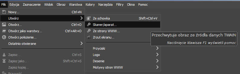 Skanowanie zdjęć w Gimpie – wybór polecenia z menu