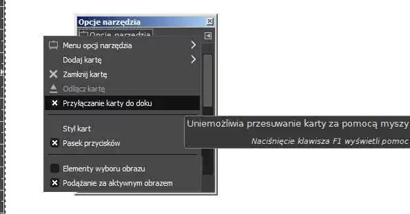 Przyłączanie okienka Opcji narzędzia obok Przybornika